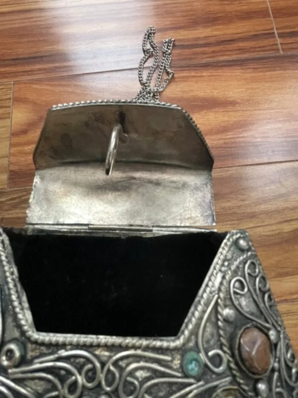 The Vintage Sajai Filigree Metal Purse with Agate Stones is a handcrafted piece